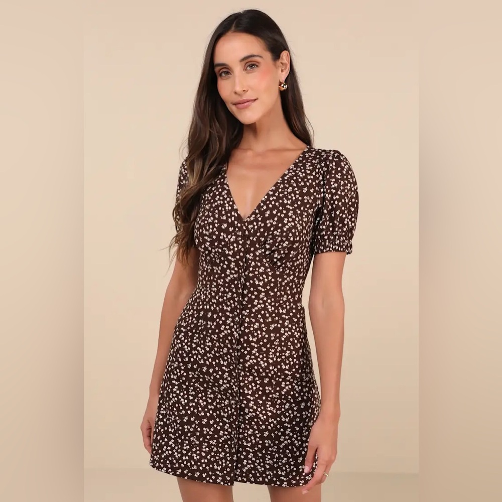New Lulus Adored Cutie Brown Floral Corduroy Button-Front Mini Dress Medium - Picture 2 of 5